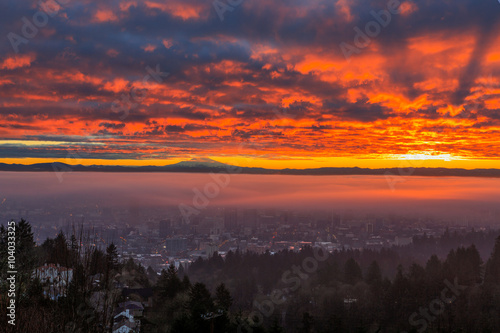 Cloudy sunrise and Portland  Oregon