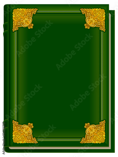 Old green book Koran. Holy Quran. Closed book with golden lining