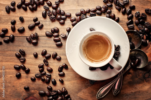 Coffee, espresso on rustic background, toned image, selective focus