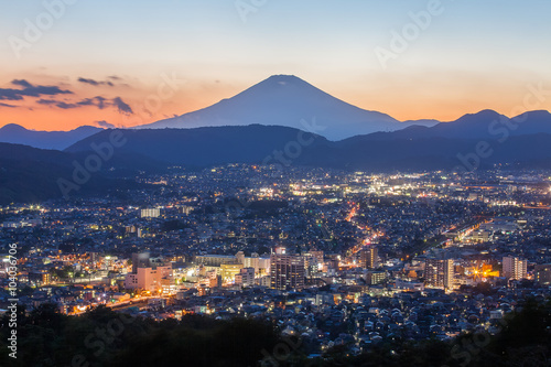 Beautiful Hadano city view with Mountain Fuji in evening autumn season