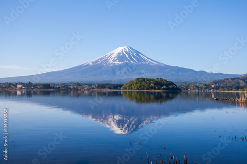 Panorama view of Mountain Fuji with reflection at Lake Kawaguchiko in spring season