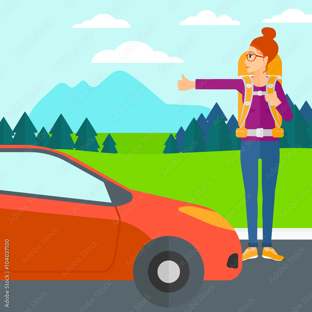 Young woman hitchhiking.