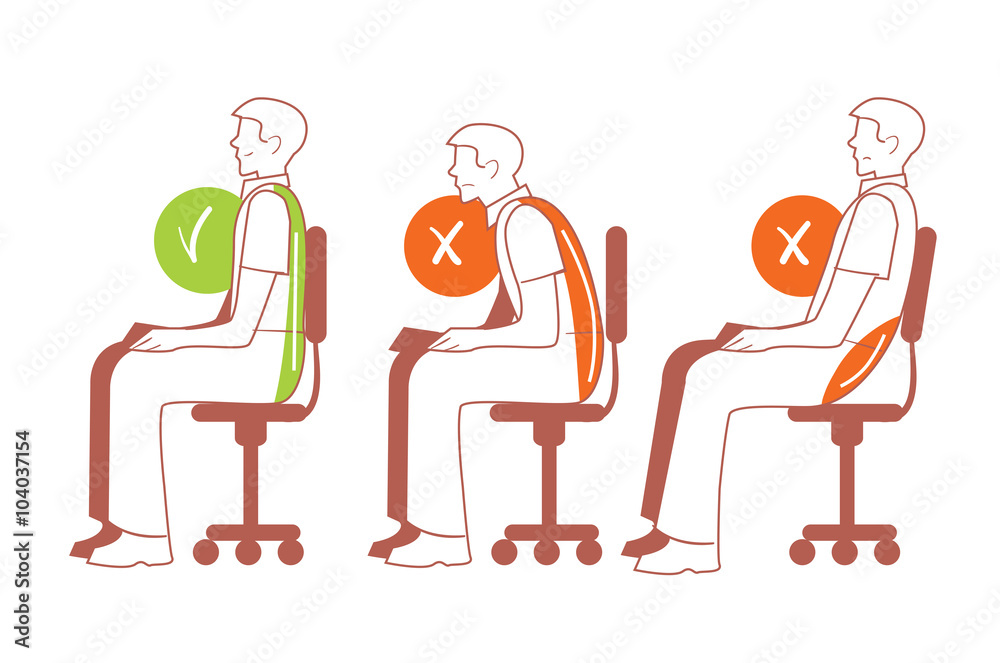 Sitting positions. Correct and bad sitting position, back pain, vector illustration