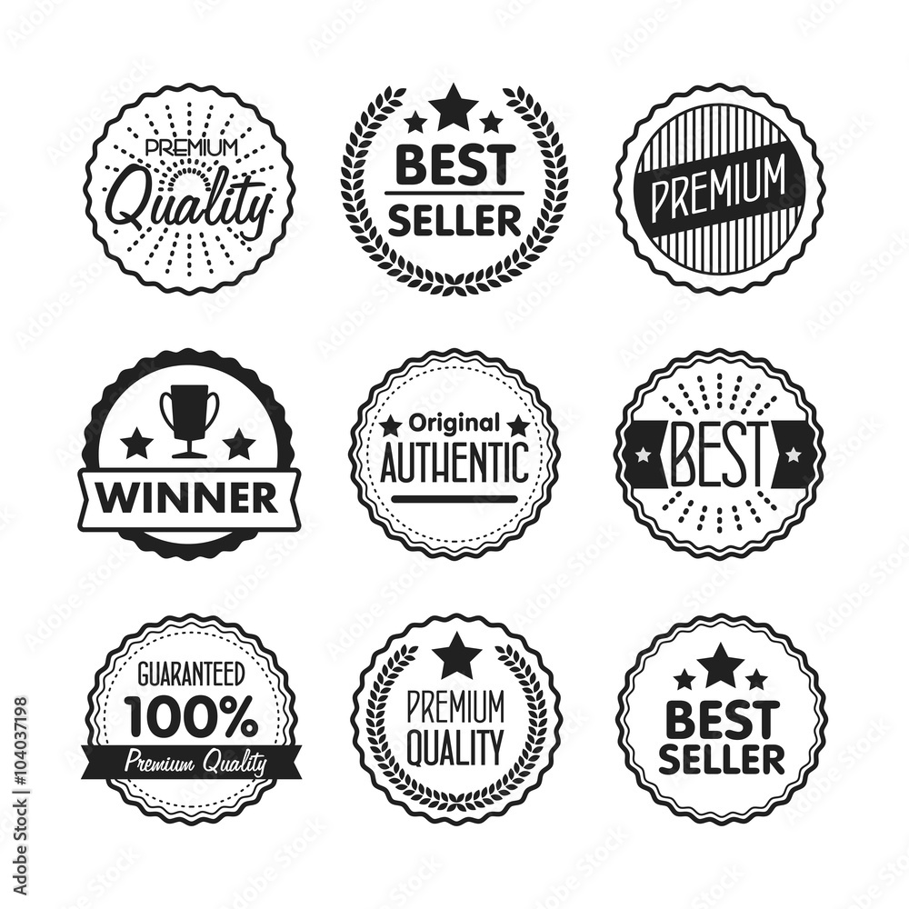 Collection of Premium Quality, Guarantee Labels, Best Seller and Winner icon with retro vintage styled design. Outline symbol collection. Stroke vector logo concept for web graphics. 