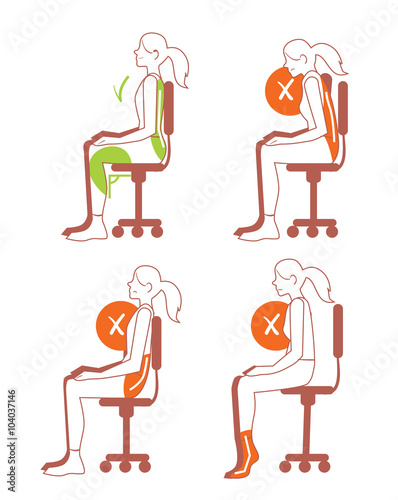 Sitting positions. Correct and bad sitting position, back pain, vector illustration