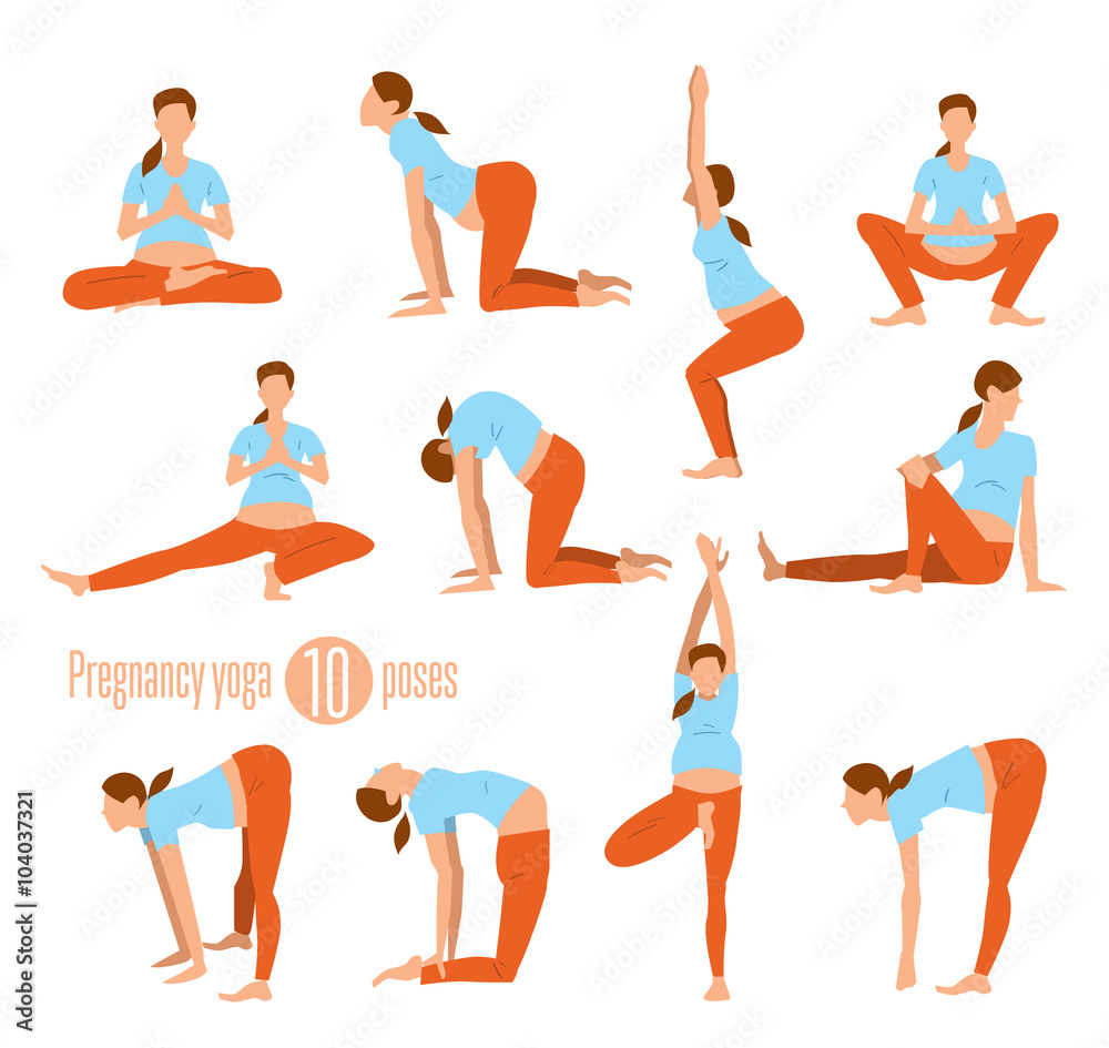 Pregnancy yoga. Yoga for pregnant women. Doing Stretches and Light Weight  Aerobics. Yoga Excersises. Vector illustration. Stock Vector