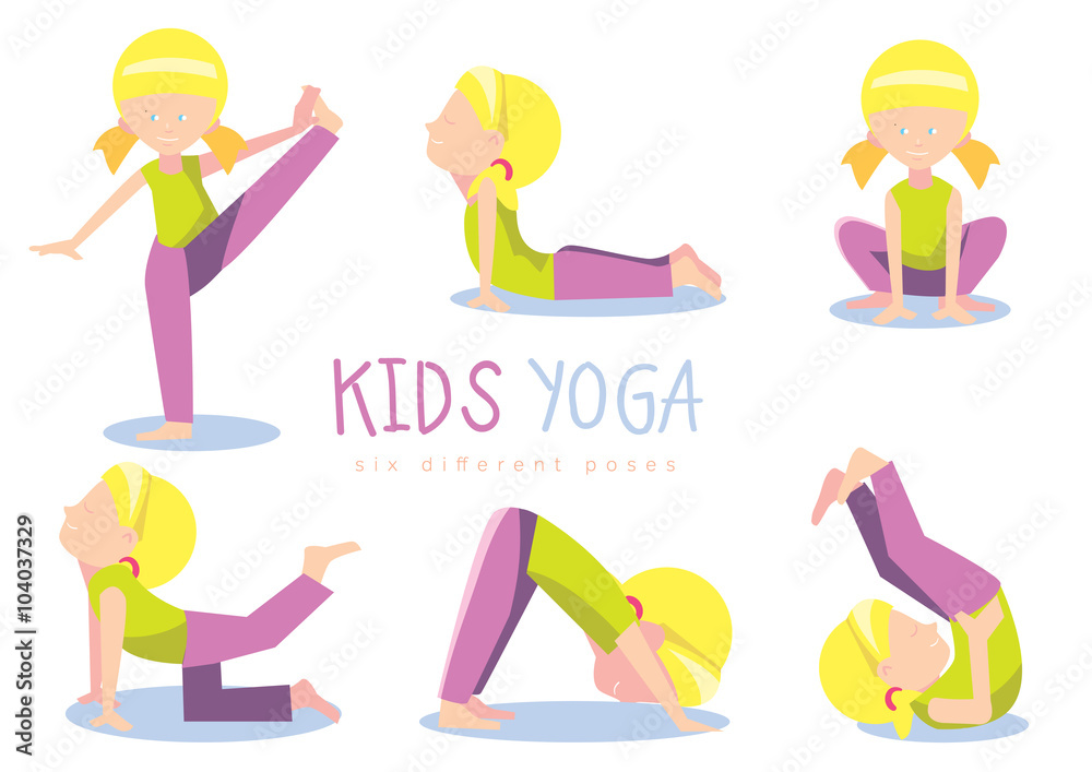 Yoga kids set. Girl makes yoga exercises. Vector illustration.