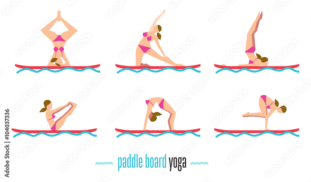 Paddle board yoga set, sup yoga. Six different poses on the paddle board. Girl standing in different yoga poses. Vector illustration. Relaxing time.