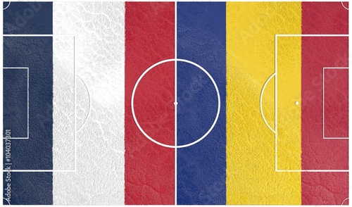 Flags of  European countries participating to the final tournament of Euro 2016 football championship. Football field textured by France and Romania national flags.