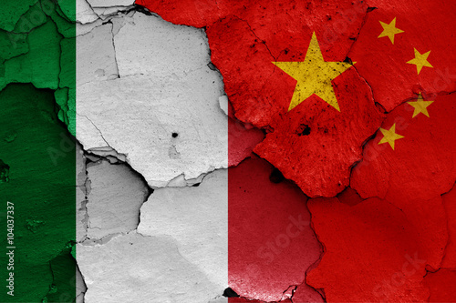 Canvas Print flags of Italy and China painted on cracked wall