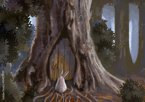 Cartoon illustration of cute white rabbit bunny is standing in front of a old wooden door tree house entrance in deep forest scene