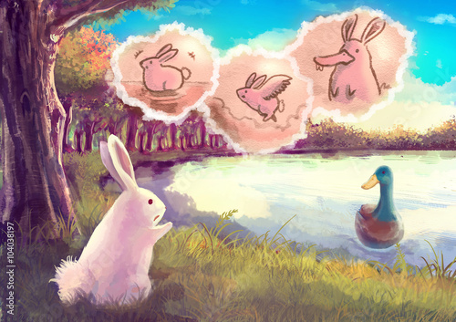 Cartoon illustration of a cute white rabbit talking to the duck in pond that she want to be able to fly and swim like her with imagination cloud bubble