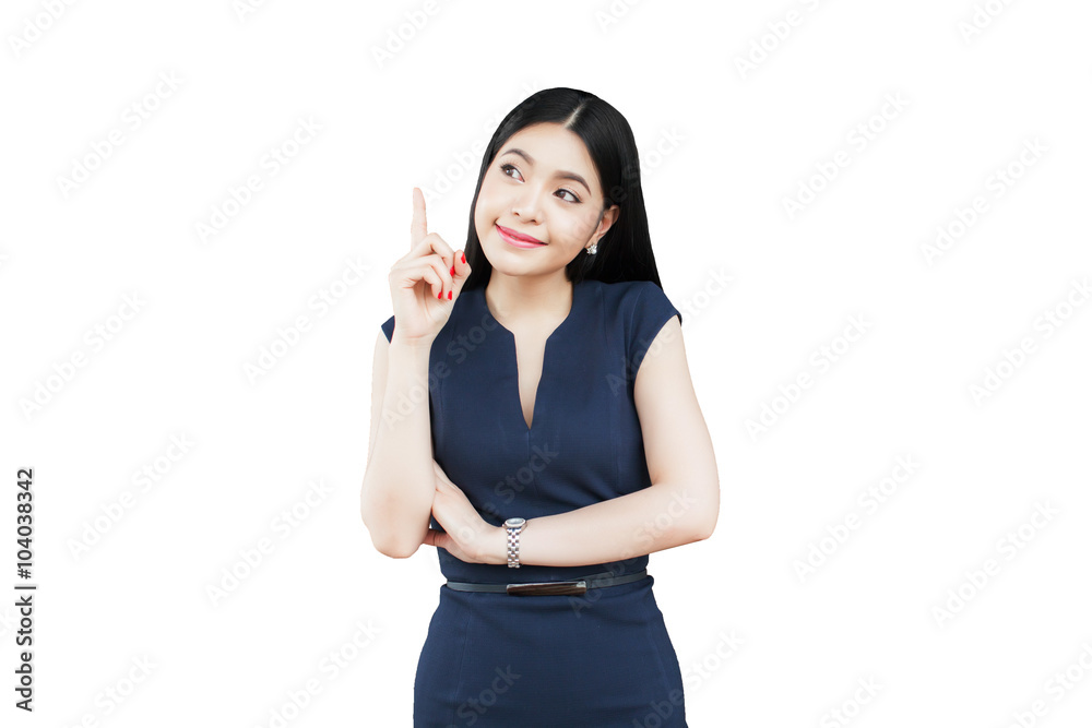Asian business woman looking and pointing up in white isolated Asian business woman looking and pointing up in white isolated