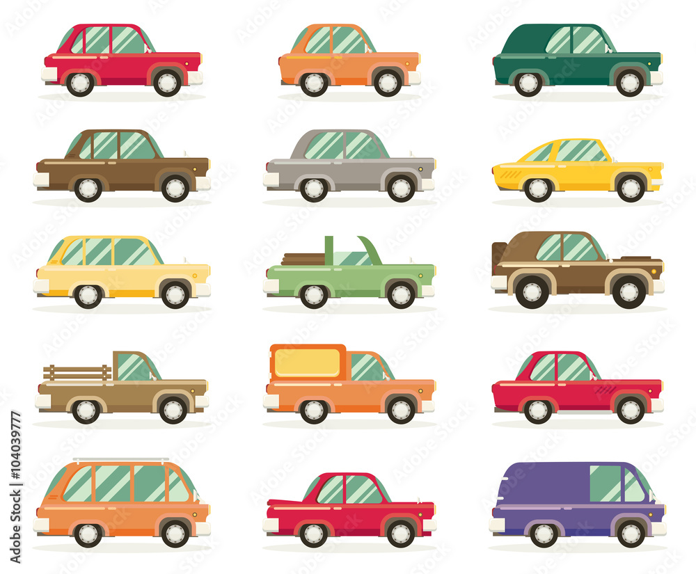 set of vintage cars, vector flat style