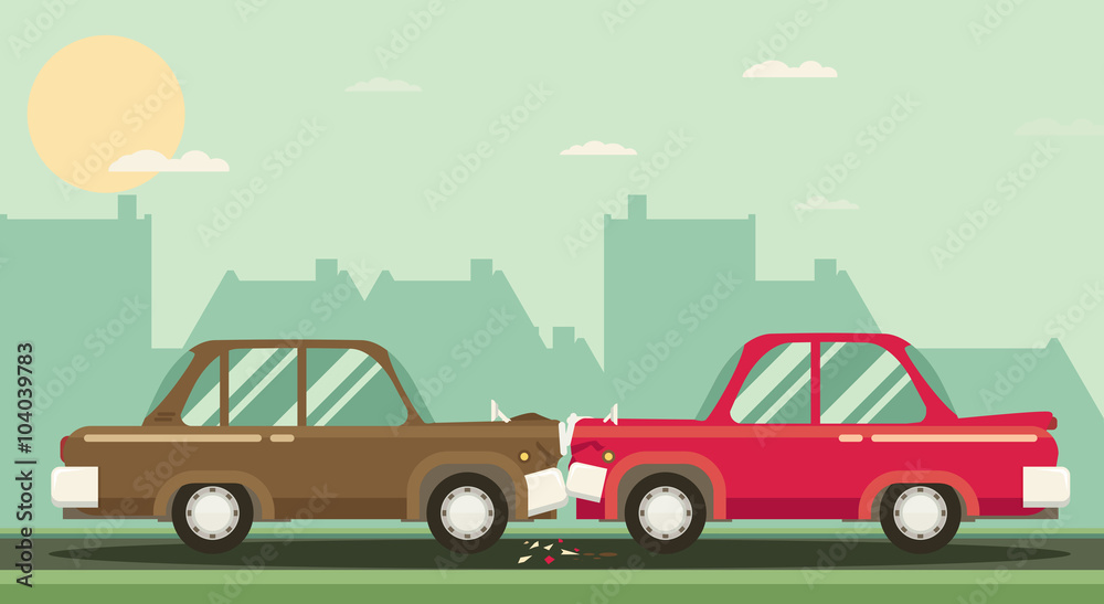 Car crash. Two cars hit head-on. Flat design.