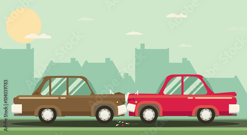 Fototapeta Naklejka Na Ścianę i Meble -  Car crash. Two cars hit head-on. Flat design.