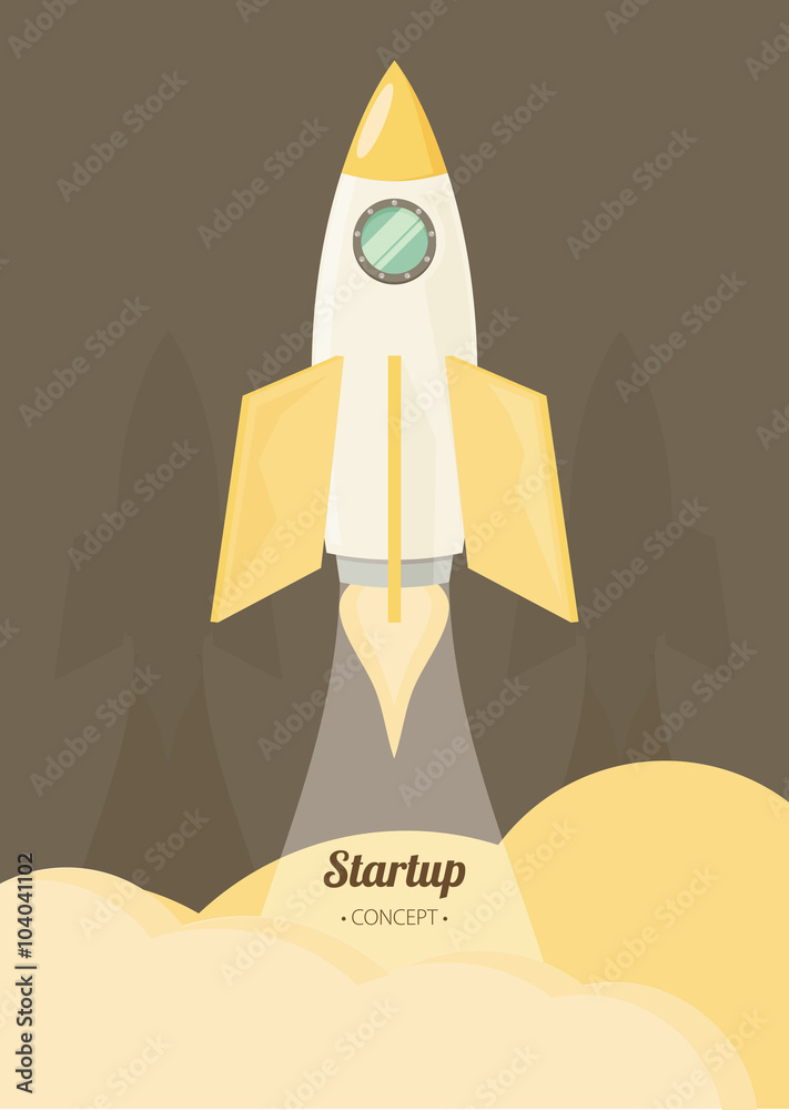 Obraz premium Space rocket flying in sky, flat design colored vector