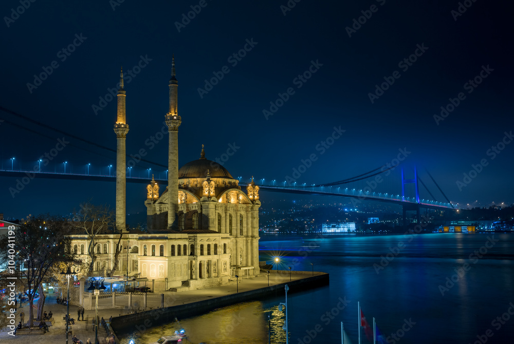 Ortakoy Mosque and the Bosphorus Bridge at night Istanbul Turkey
