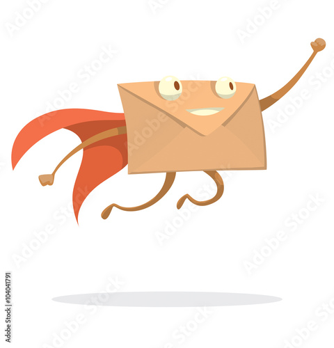 Vector cartoon image of a beige envelope with eyes, arms and legsin a red cape flying swiftly to the destination on a white background. Express letter. Icon e-mail. Vector illustration.