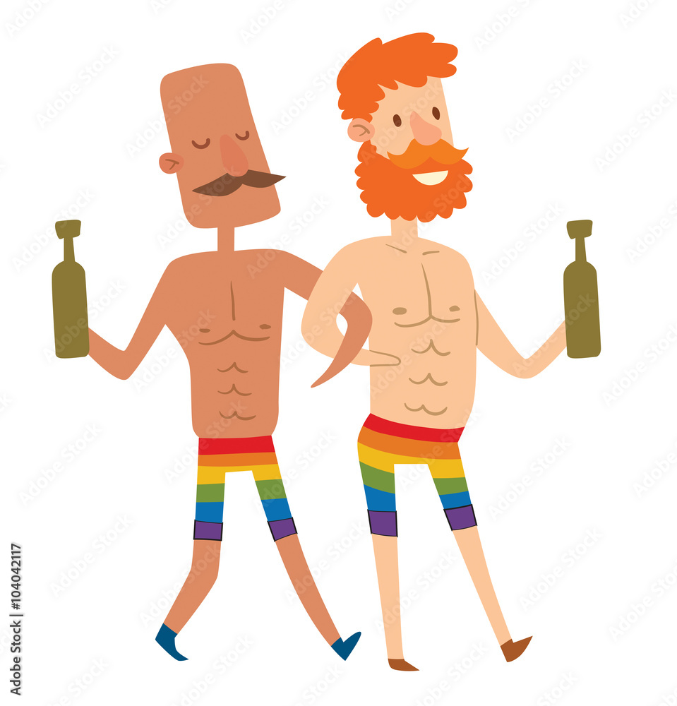 Vector cartoon image of a homosexual couple - two men in rainbow shorts  walking under the handle: