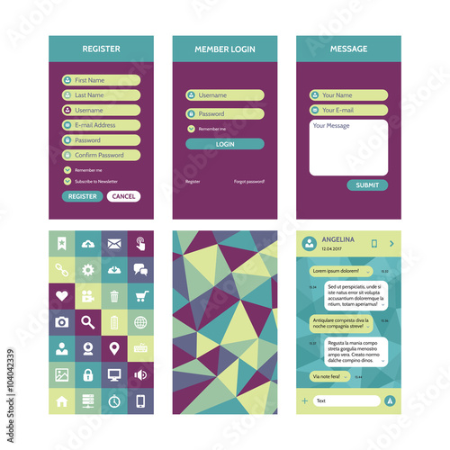 Mobile interface vector template in flat style for material design projects. UI kit elements. Register & login form, message, chat template. Vector icons set. Abstract polygonal background.