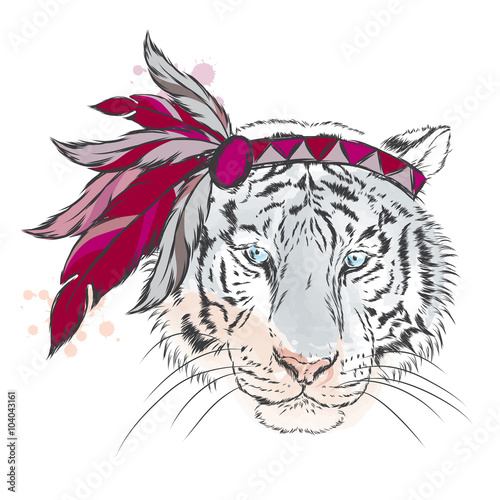 Fototapeta Naklejka Na Ścianę i Meble -  Tiger in Indian dressing. Tiger-Indian. Hipster. Tiger vector.
