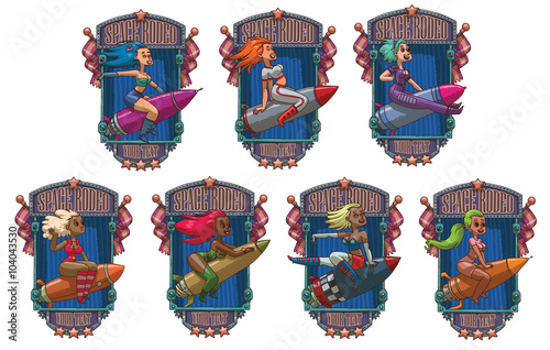Vector image of a set of blue metal emblems with flags, stars, banners and with cartoon images of different sexy girls sitting astride a metal rockets on a white background. Vector illustration.