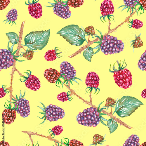A seamless pattern with the blackberry branches, hand-drawn in a watercolor on a yellow background