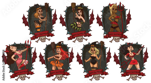 Vector image of a set of black frames with bat wings, banners, spikes, skulls and bones and cartoon image of girls in Halloween costumes on a white background. Holiday, Halloween. Vector illustration.