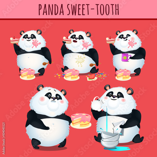 Fototapeta Naklejka Na Ścianę i Meble -  Panda sweet tooth eating cake, character animation
