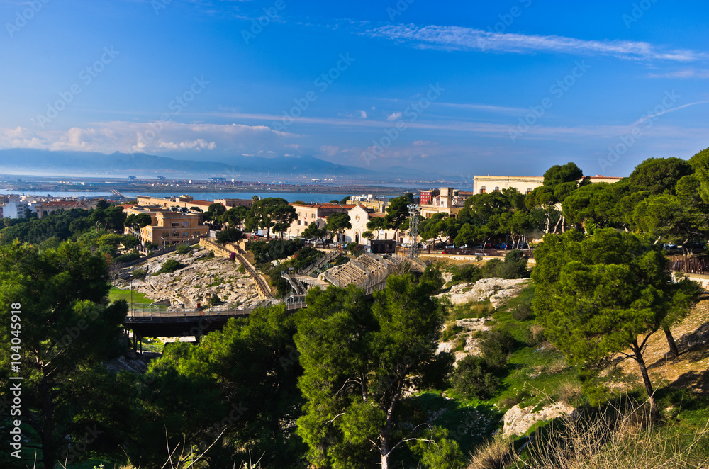 Viewpoint above old roman amphitheater in Cagliari, Sardinia, Italy