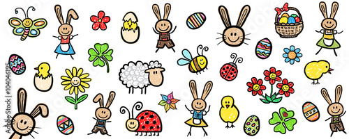 Farbenfrohes Illustrations-Set: Ostersymbole / Kreidezeichnung, Vektor, freigestellt