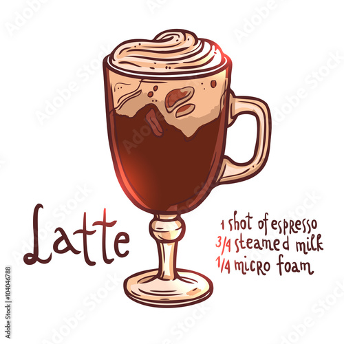 cup of Coffee Latte on white background with typography, hand drawn illustration