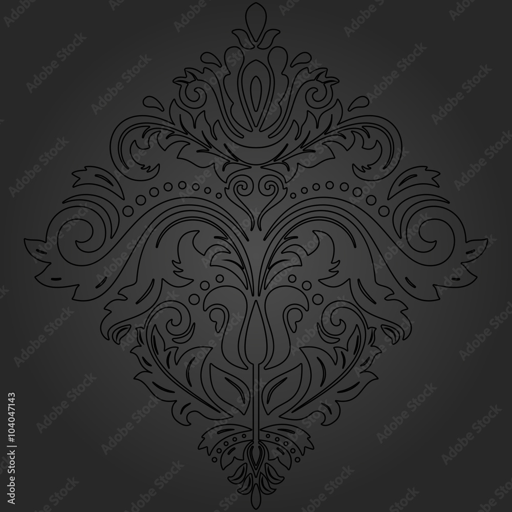 Damask floral dark pattern with black outline and oriental elements. Abstract traditional ornament