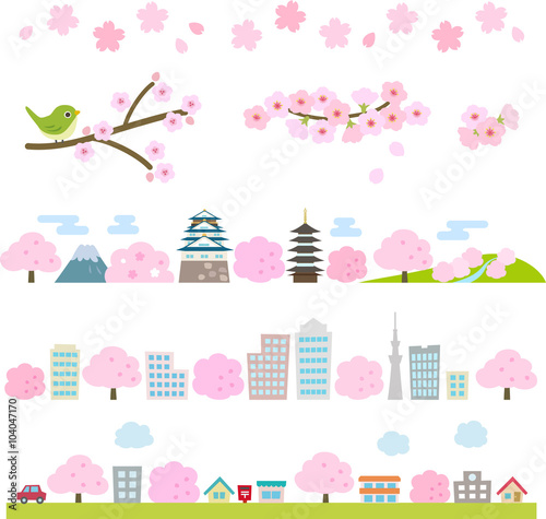 桜と日本の風景のイラストセット
