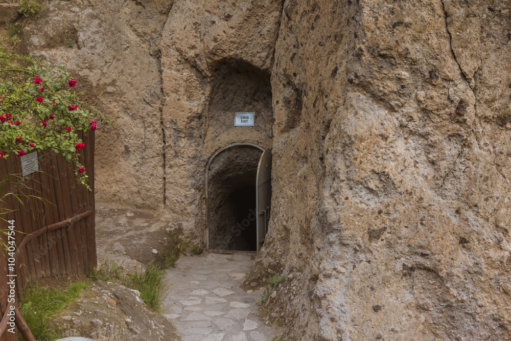 Entrance of old way indise rocky mountain excavated by Old Ottomans during war to hide them families