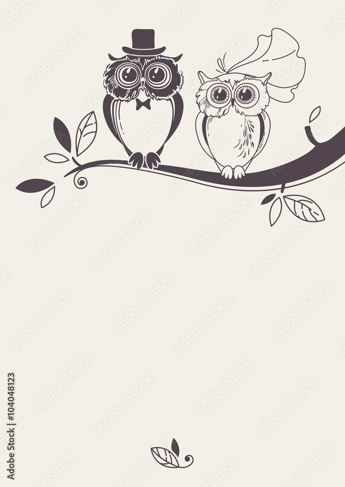 Fototapeta premium Template card with owls on a tree branch. Greeting card.