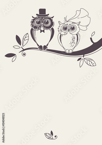 Template card with owls on a tree branch. Greeting card.