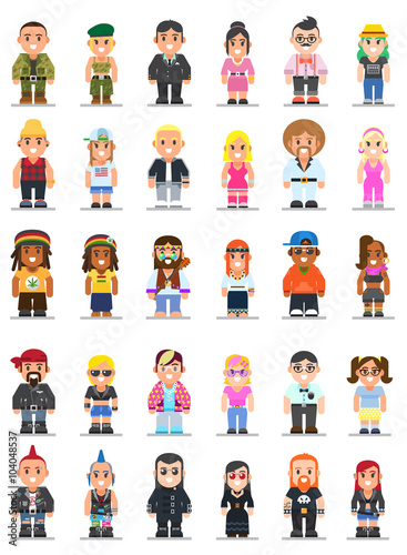 different subcultures man and woman in flat style. 