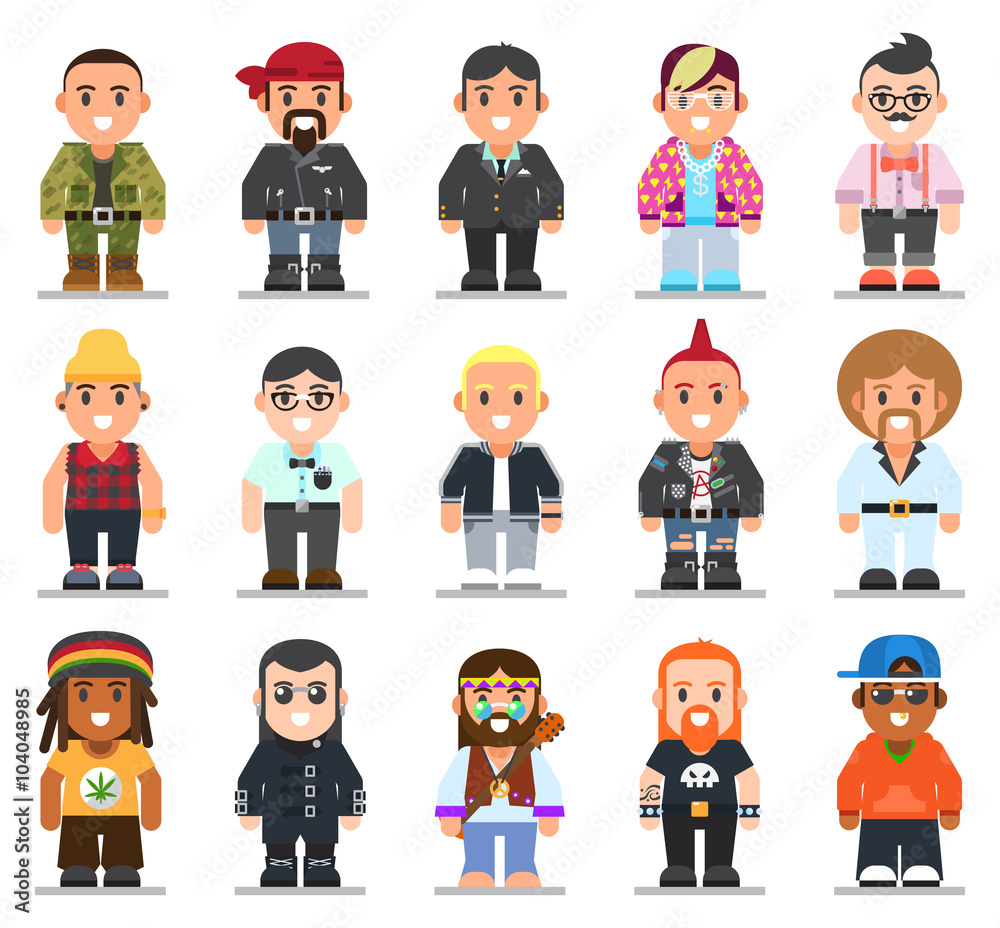 different subcultures man in trendy flat style. different subcultures man in trendy flat style.