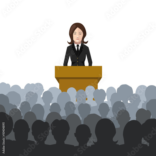 Woman holds a lecture to an audience flat illustration