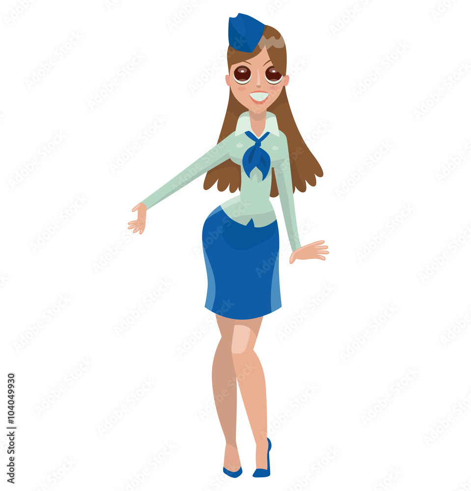 Vector cartoon image of a beautiful stewardess with long brown hair in a white blouse, blue skirt, tie and blue forage-cap on her head, smiling on a white background. Airline. Vector illustration. Vector cartoon image of a beautiful stewardess with long brown hair in a white blouse, blue skirt, tie and blue forage-cap on her head, smiling on a white background. Airline. Vector illustration.