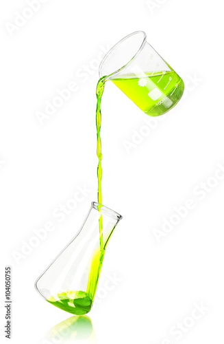 in laboratory flask pours blue reagent on isolated white backgro