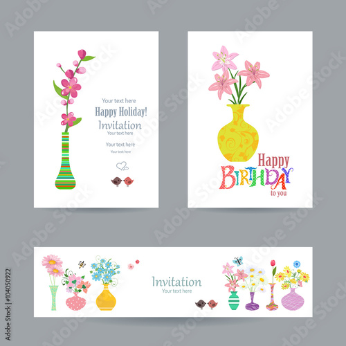 cute collection invitation cards with flowers in vases for your
