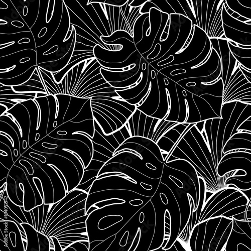 Black and white graphic tropical leaves seamless pattern