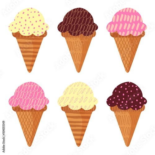 Set of hand drawn ice creams, textured artistic design, isolated vectors