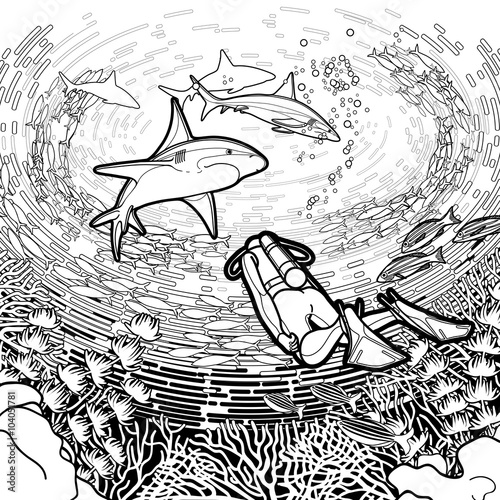 Graphic coral reef, scuba divers and sharks 