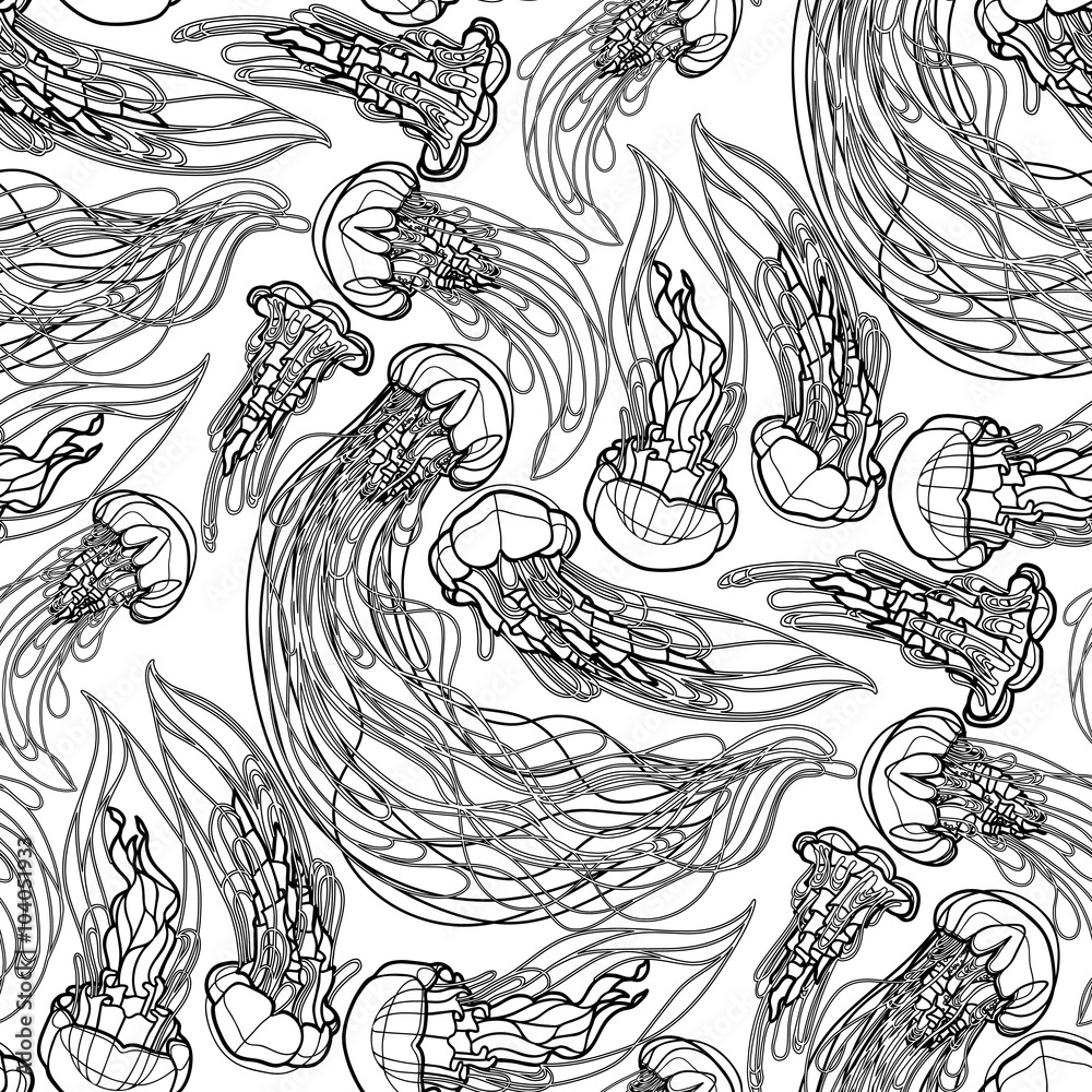 Naklejka premium Jellyfish pattern in line art style