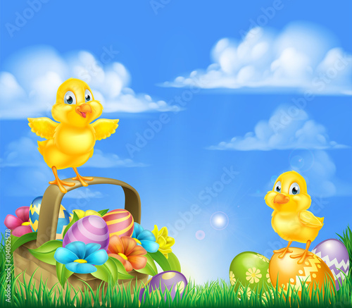 Chicks and Easter Eggs Basket Scene