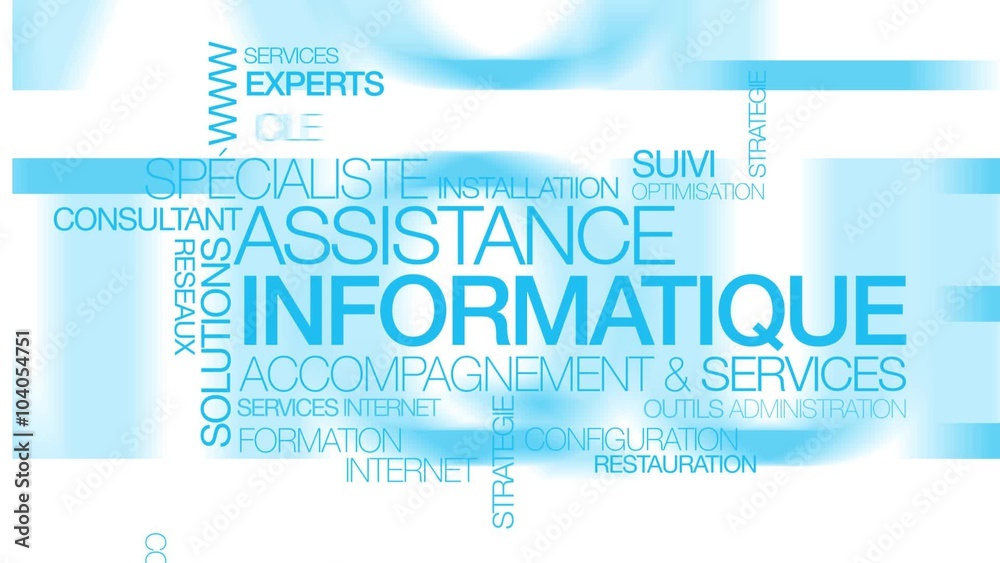 Assistance informatique maintenance ordinateur service nuage de mots texte bleu animation